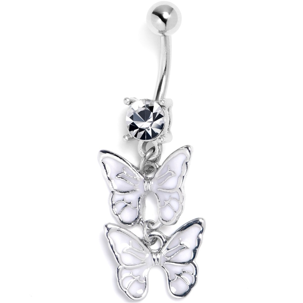 Butterfly Duo Belly Bar Dangle , Silver Color